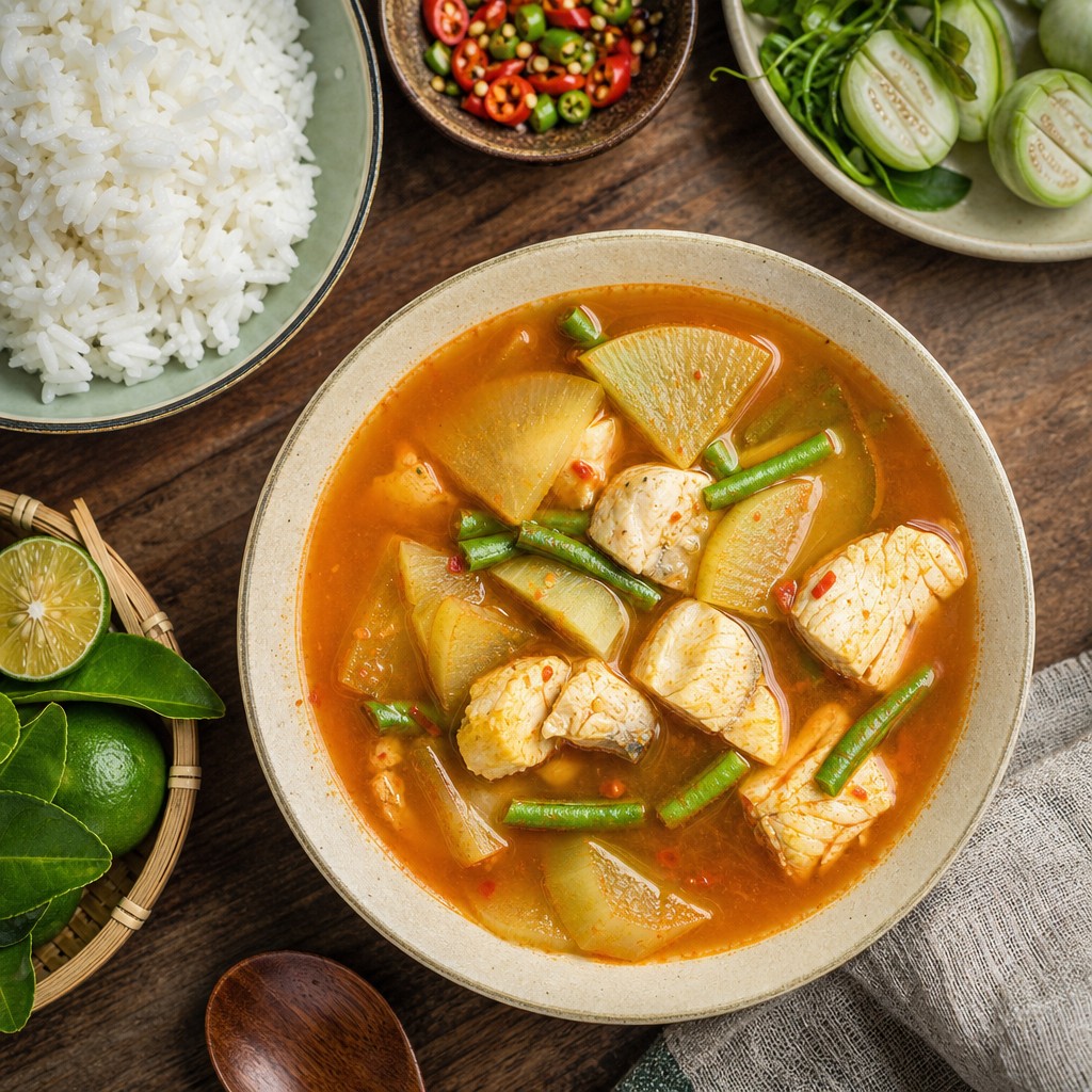 A bowl of gaeng som Thai sour curry with white fish, daikon and green beans in a thin orange broth, served with rice