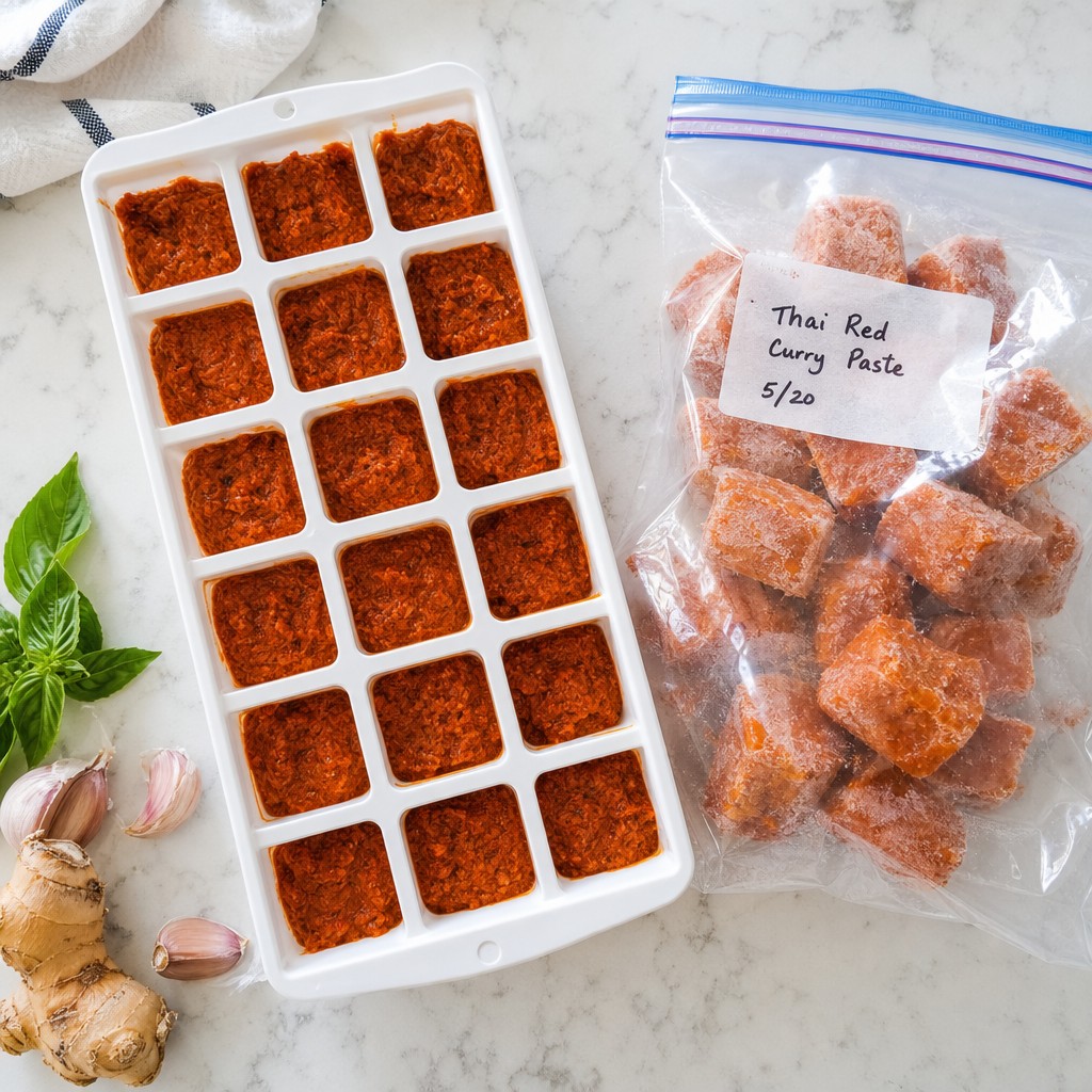 Homemade Thai red curry paste portioned into an ice-cube tray, with frozen cubes in a labelled freezer bag
