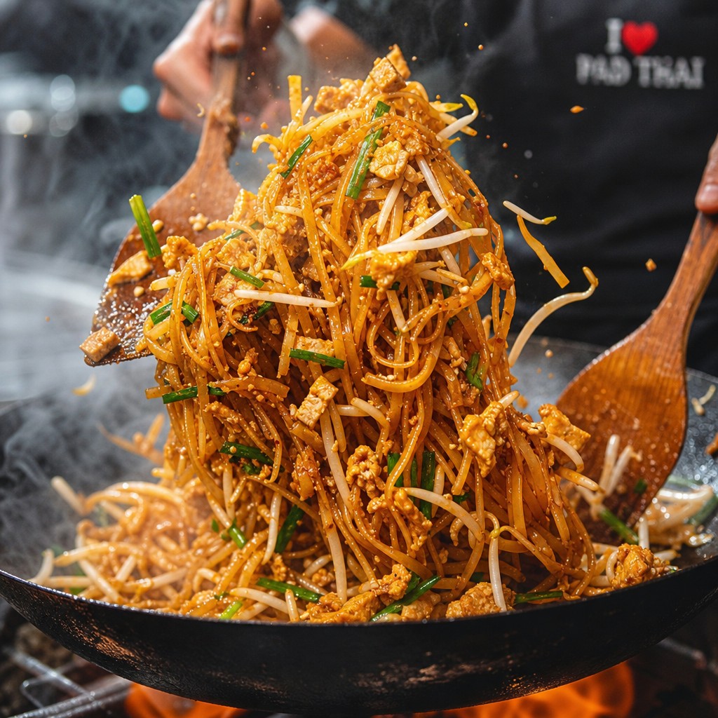 Pad thai noodles being tossed in a wok