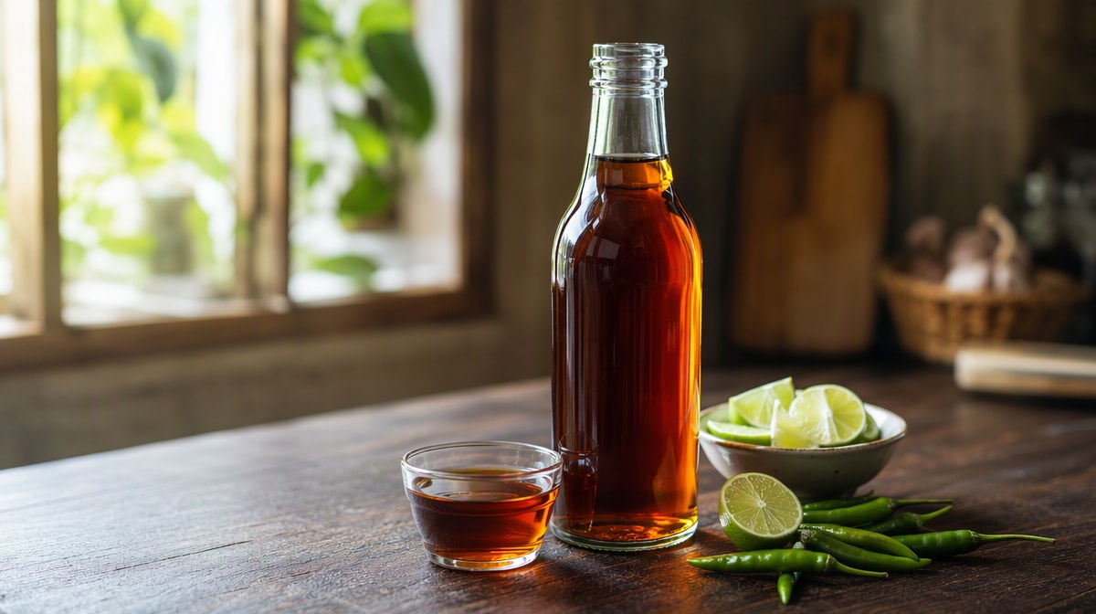 A plain glass bottle of dark amber fish sauce with a glass of the sauce poured beside it, lime wedges and green chillies nearby