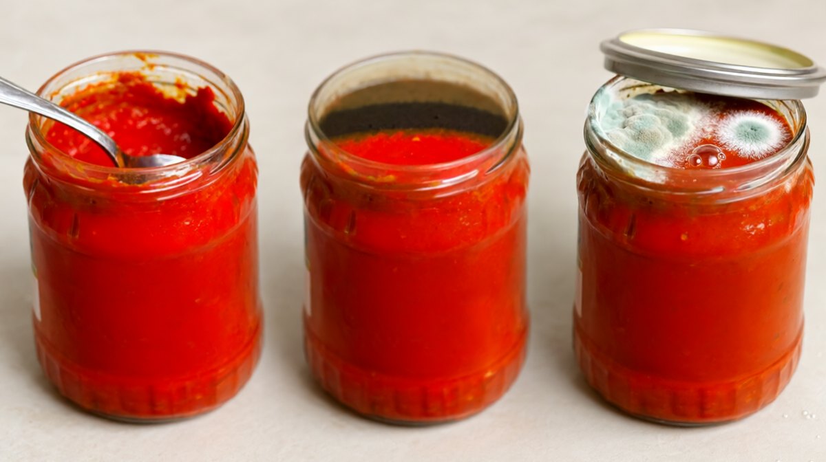 Three jars of red curry paste in a row: one fresh and bright, one with a darkened top layer, one with fuzzy mould and a lifted lid