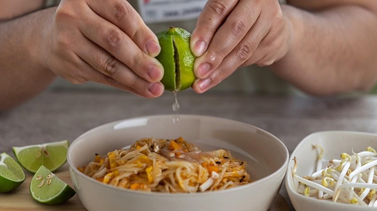 Hands squeezing a lime over a bowl of pad thai with extra lime wedges and bean sprouts beside it