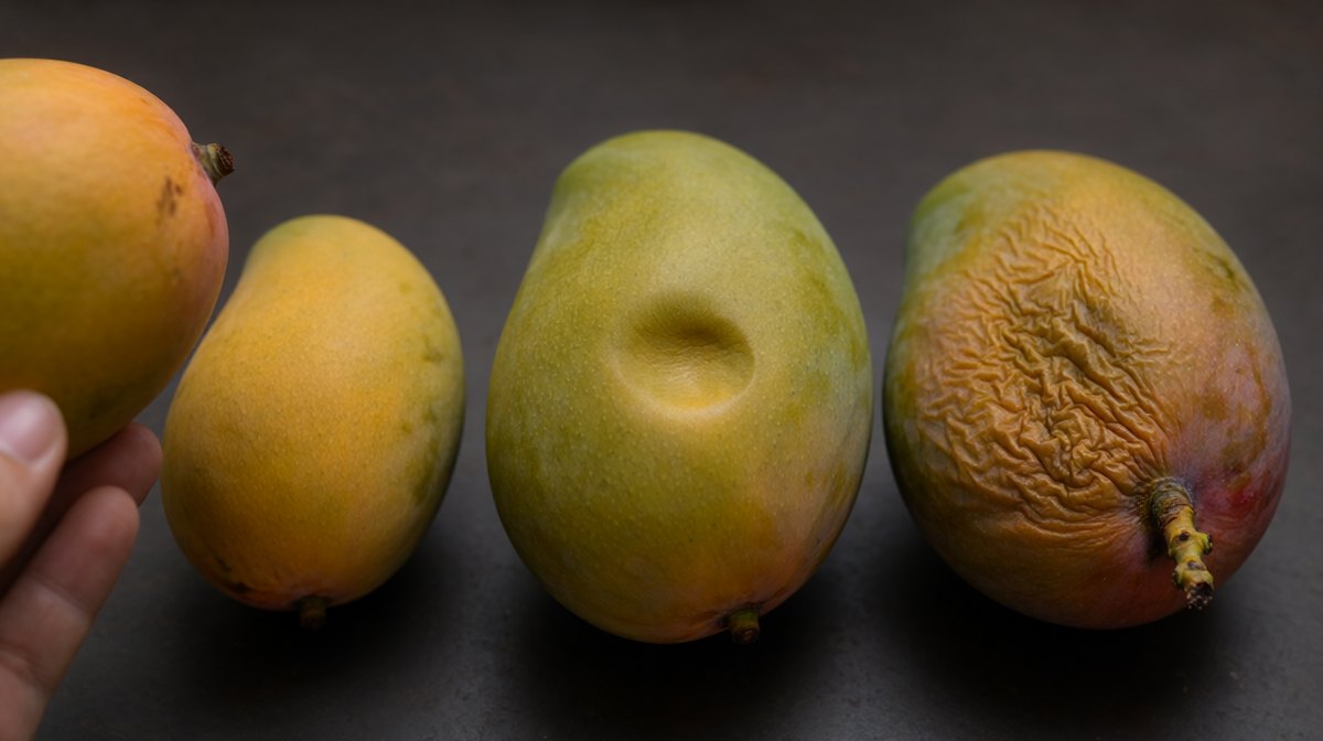Three mangoes of the same variety in a row, hard and tight-skinned, one with a thumb leaving a shallow dent, and one deeply wrinkled and over-ripe