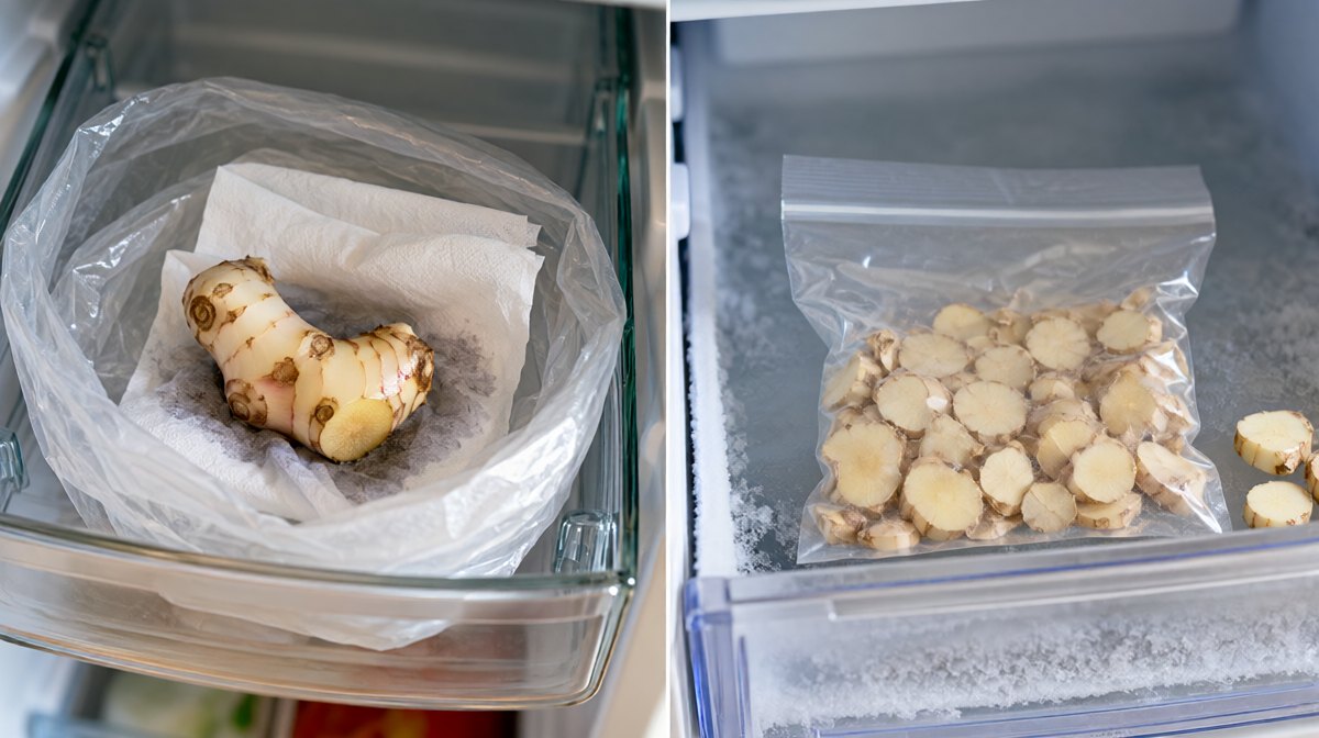Two galangal storage setups side by side, a whole unpeeled knob wrapped in damp paper in a fridge crisper drawer and a flat airtight bag of sliced coins in a frosty freezer