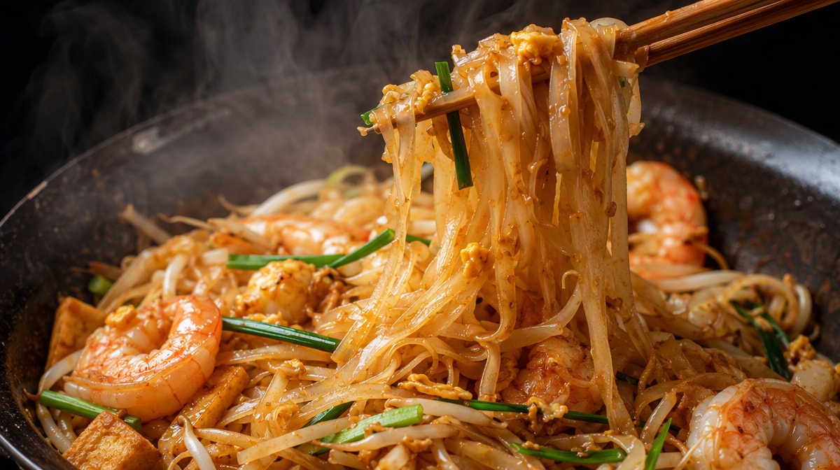 Close-up of pad thai noodles lifted from a wok with chopsticks, individual rice noodles visible and prawns turning opaque