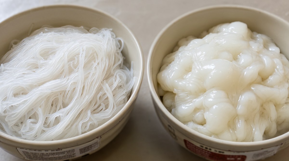 Two bowls of rice noodles side by side, one with separate strands and one swollen and clumped
