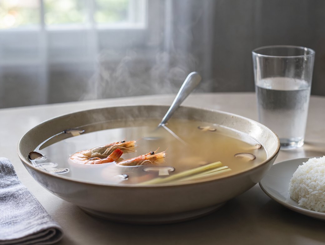 A large bowl of clear tom yum broth with a spoon, a small plate of plain jasmine rice and a glass of water beside it on a home table