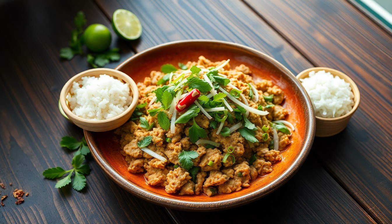 Thai larb recipe with minced pork, toasted rice powder and fresh mint served beside sticky rice