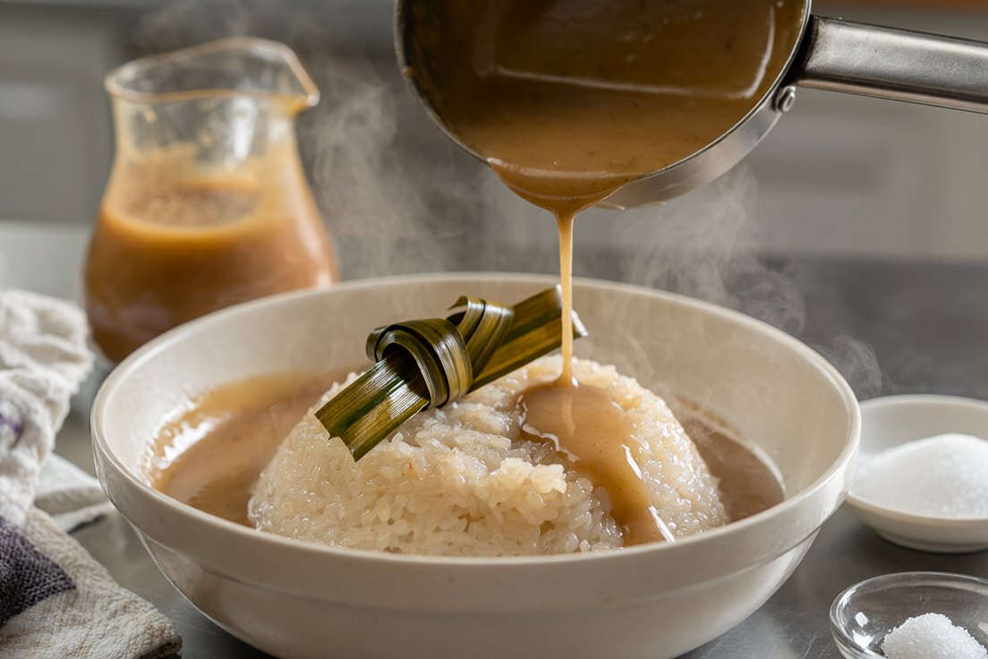 Warm coconut sauce poured from a saucepan over steaming sticky rice, a knotted pandan leaf in the pan and a jug of reserved sauce beside the bowl