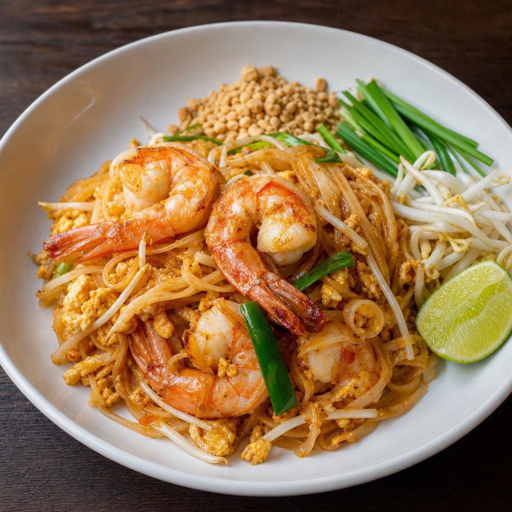 Prawn Pad Thai with rice noodles, king prawns, egg, bean sprouts and peanuts