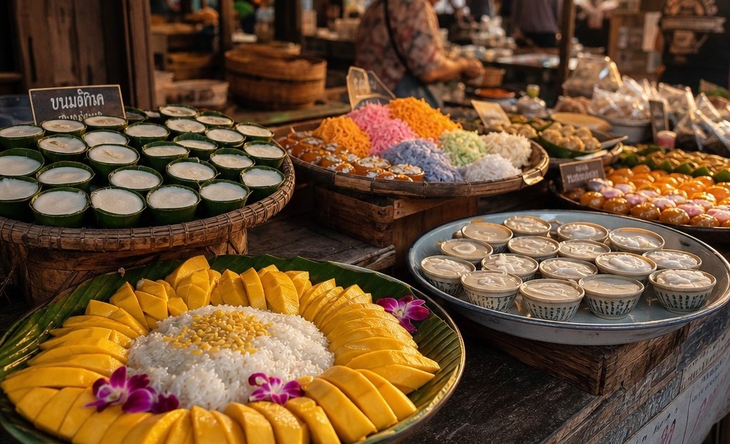 Collection of Thai desserts on wooden stalls in an old rural Thailand market