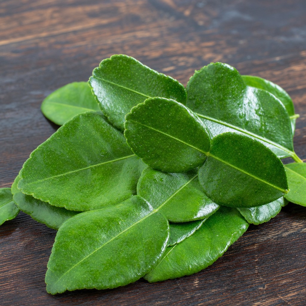 Fresh kaffir lime leaves showing the distinctive double-leaf shape on a wooden surface