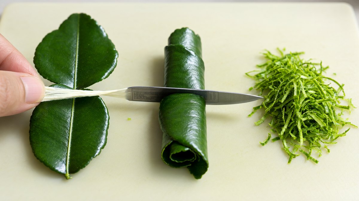Three stages of preparing kaffir lime leaves in a row, rib pulled out, leaves rolled into a cylinder, then sliced into very fine threads