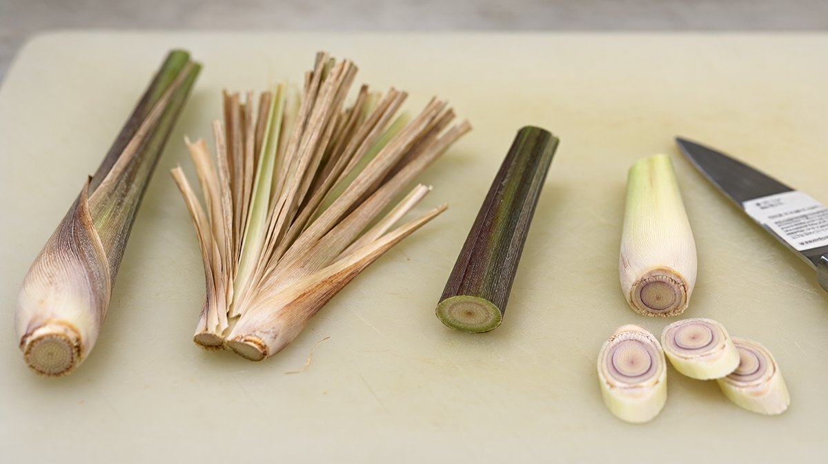 A lemongrass stalk taken apart in a row, whole, with papery sheaths peeled off, the green top cut away, and the pale tender bottom section sliced