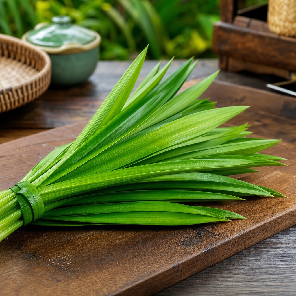 Fresh pandan leaves — long, flat, bright green, tied in a knot ready for use in Thai cooking