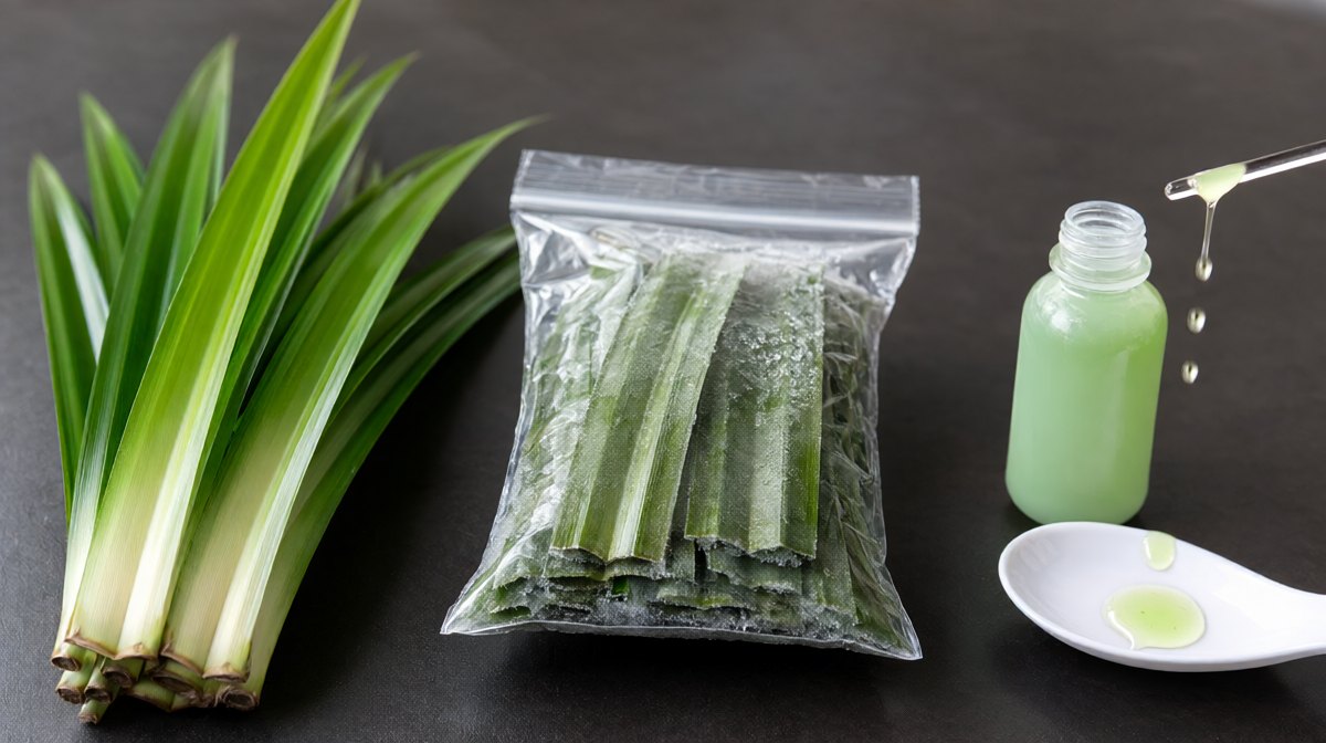 Three forms of pandan in a row, fresh emerald leaves, a bag of frozen leaves, and a small bottle of pale green extract