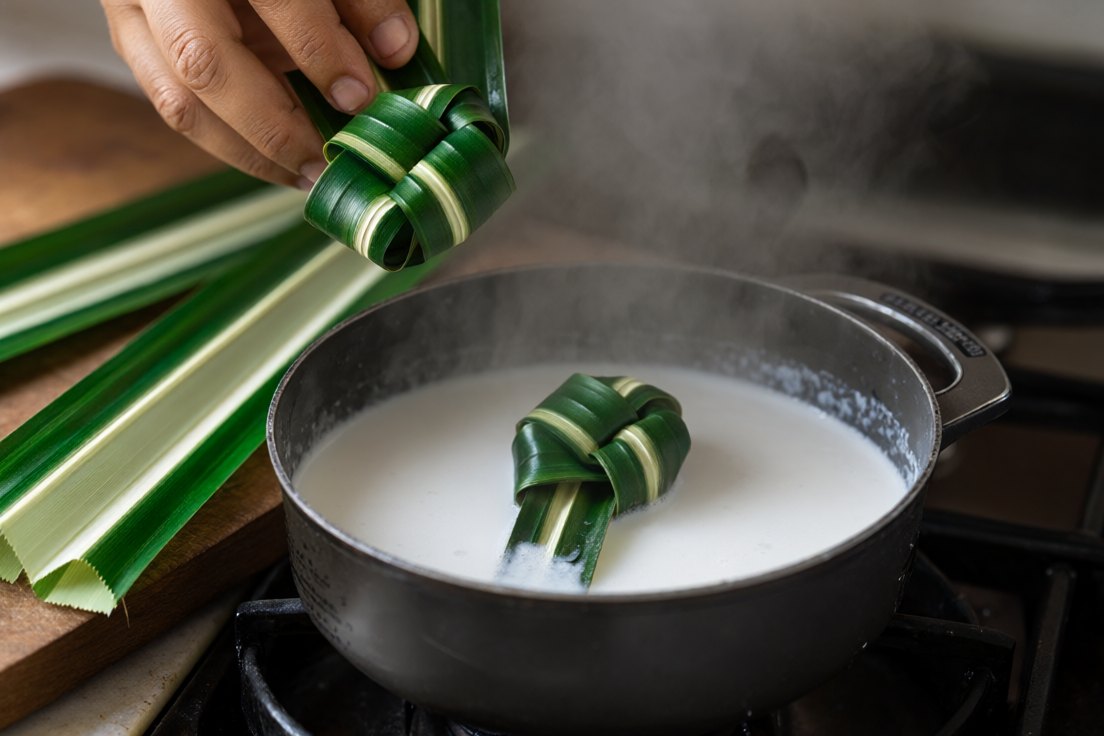 A knotted pandan leaf being lowered into a saucepan of warming coconut milk with a second knot already in and steam rising
