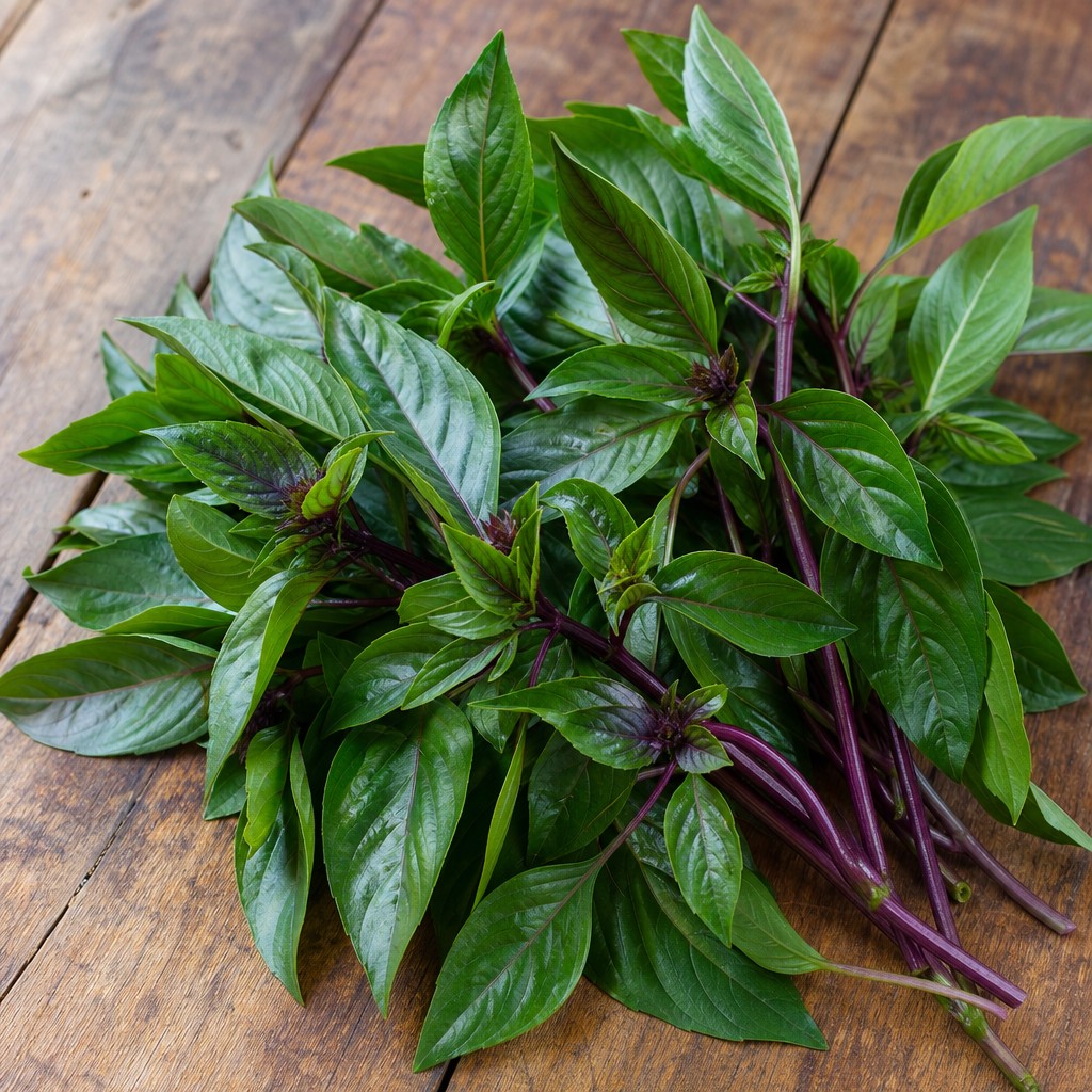 Thai basil with purple stems and dark green leaves alongside holy basil on a wooden board