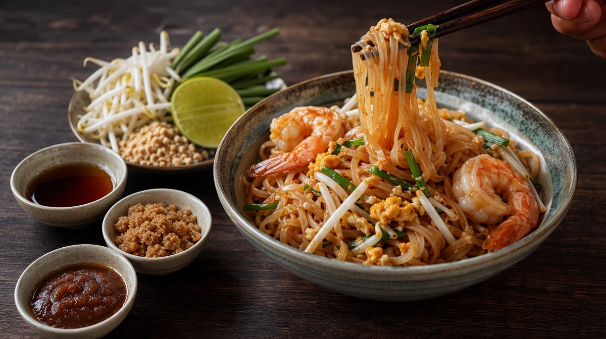 A bowl of pad thai with separate small bowls of fish sauce, palm sugar and tamarind beside it for adjusting the flavour