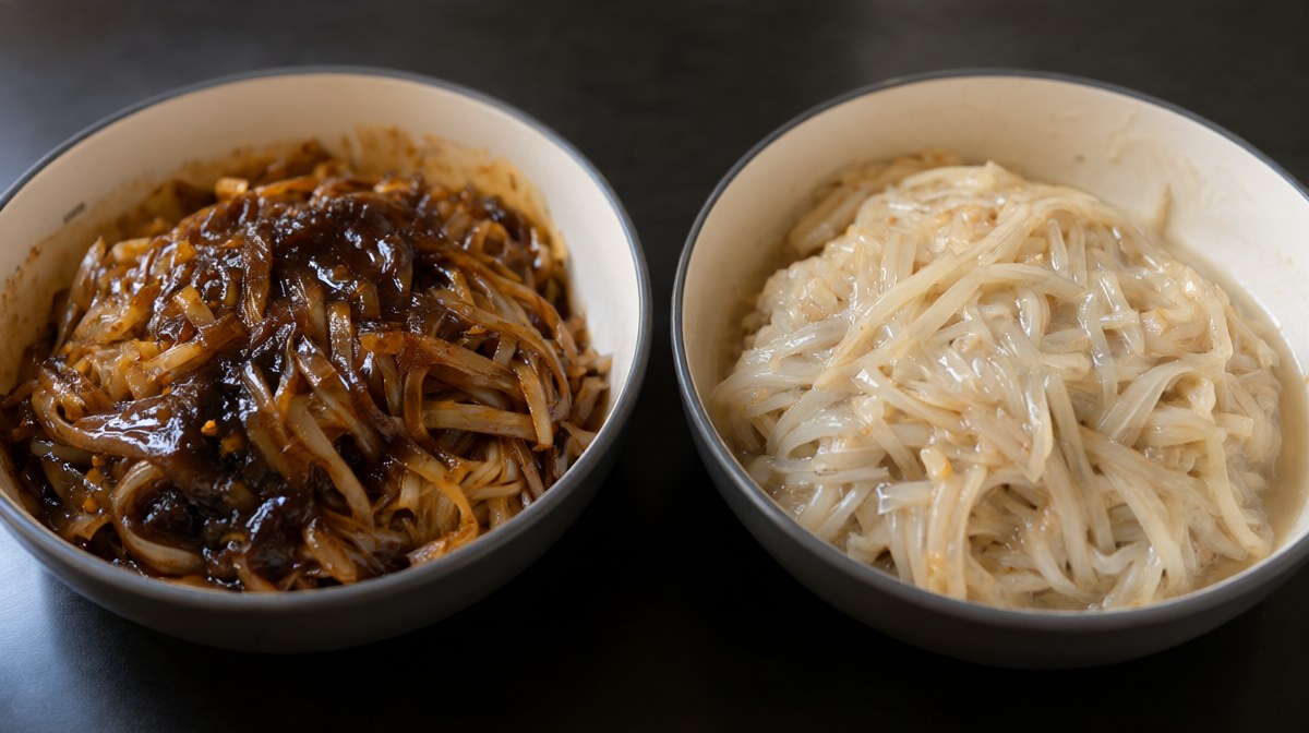 Two bowls of pad thai side by side, one dark and glossy with tamarind, one pale and washed out
