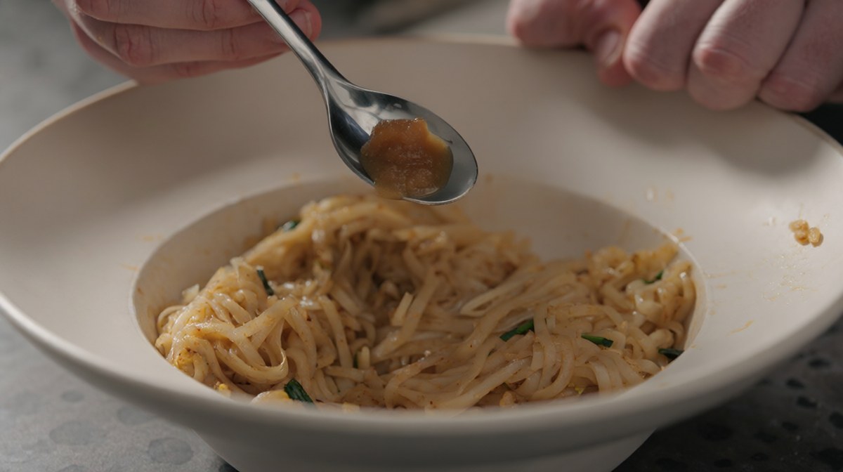 A hand adding a spoonful of tamarind to a bowl of pad thai, the noodles loosening as it goes in