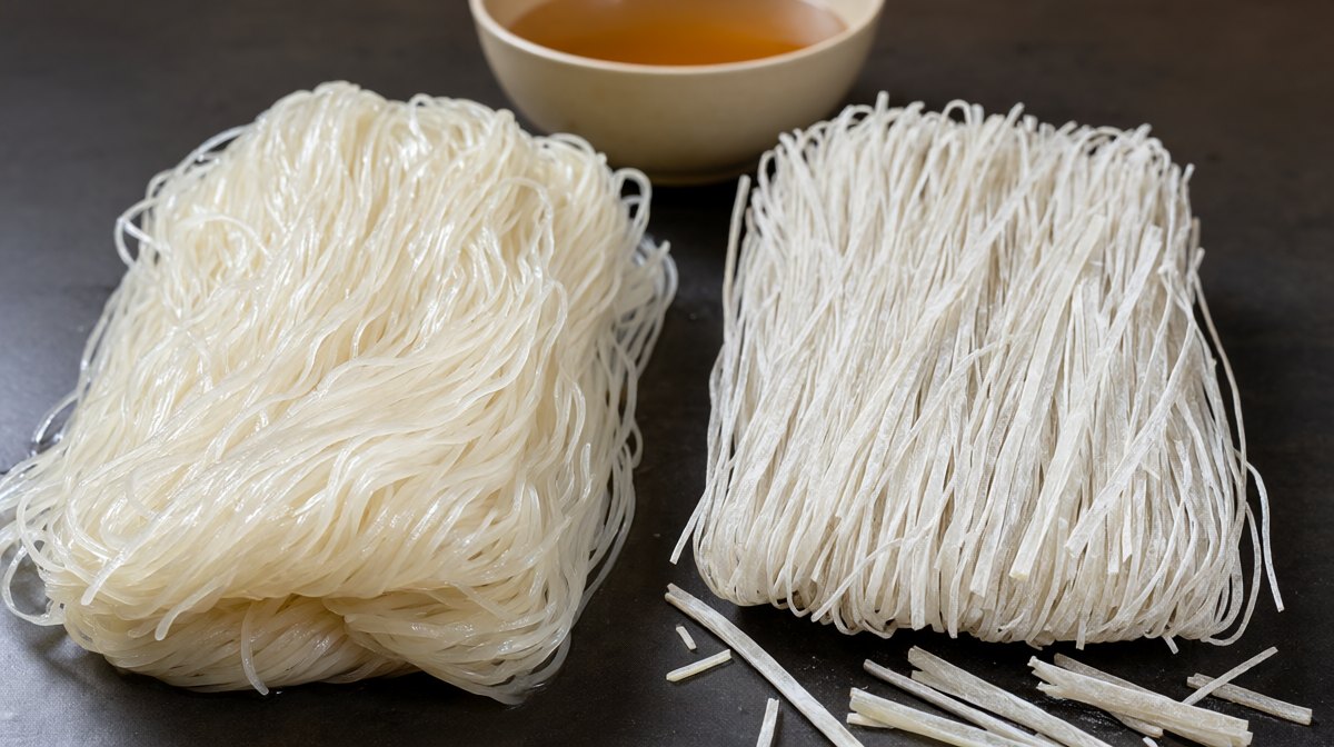 Two bundles of rice noodles side by side, fresh soft glossy pliable noodles against stiff opaque chalky dried noodles with a few snapped pieces
