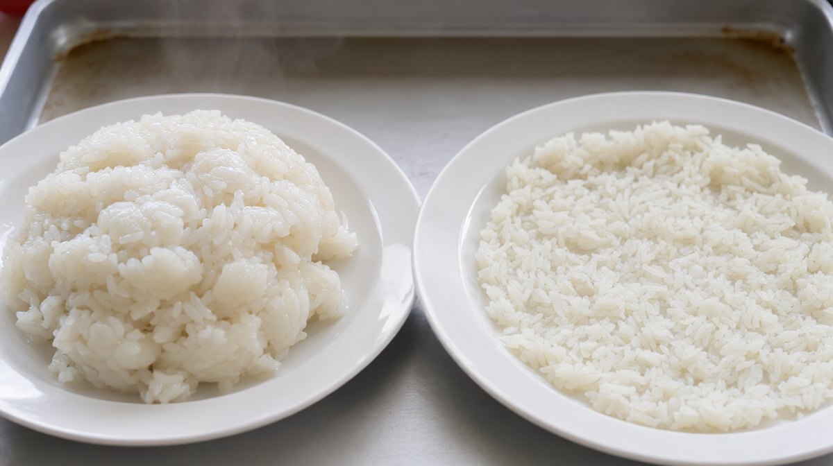 Two plates of jasmine rice side by side, one freshly cooked, glossy and clumped, the other chilled dry with firm separate grains, a baking sheet behind