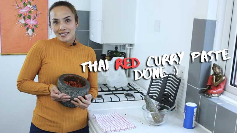 Chef Manaow with the finished red Thai curry paste