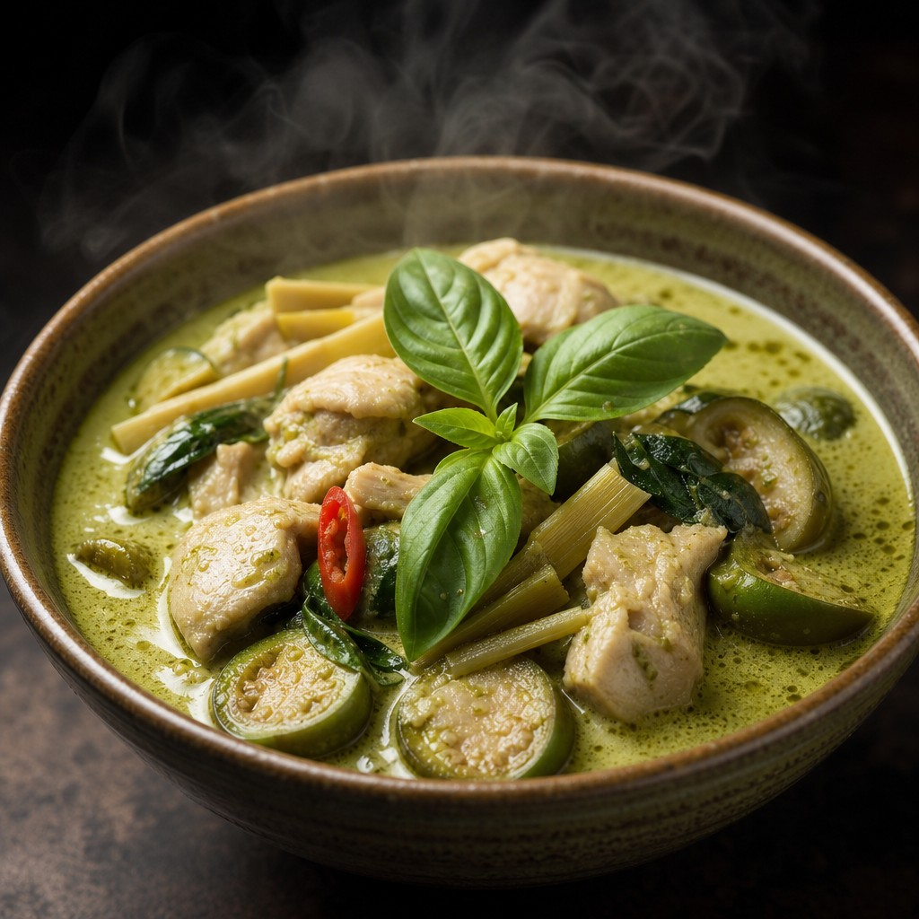 Chicken green curry bowl with creamy coconut milk and Thai basil