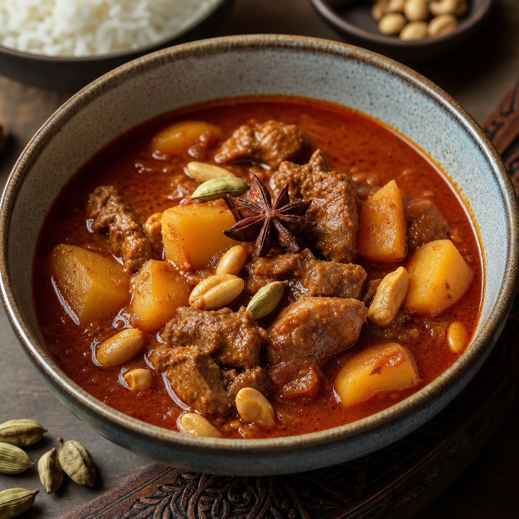 Chicken Massaman curry with potatoes peanuts and Thai spices