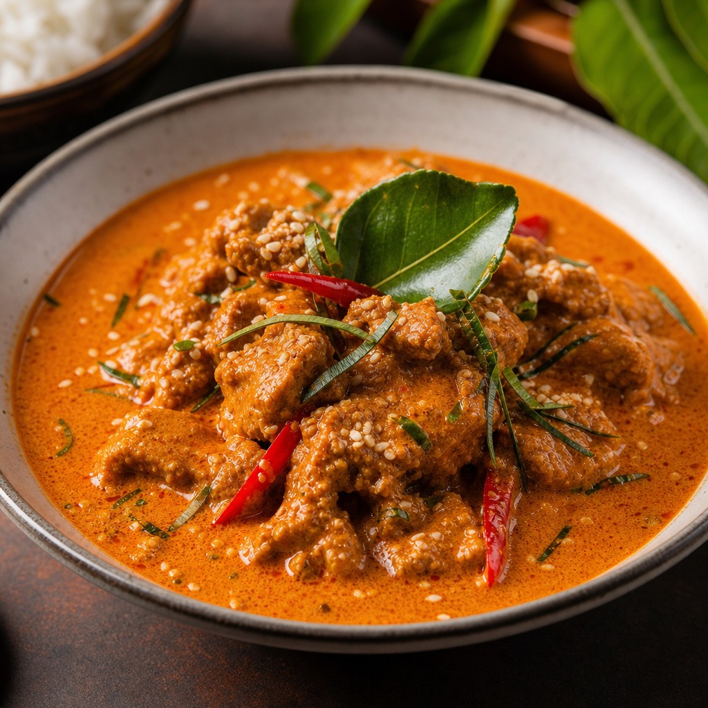 Chicken Panang curry with thick coconut sauce and kaffir lime leaves