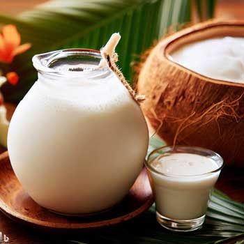 Can of Thai coconut milk poured into a glass bowl showing creamy white texture