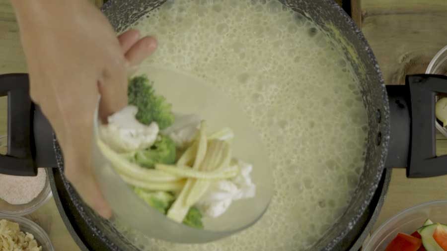 Add the broccoli, baby corn and cauliflower