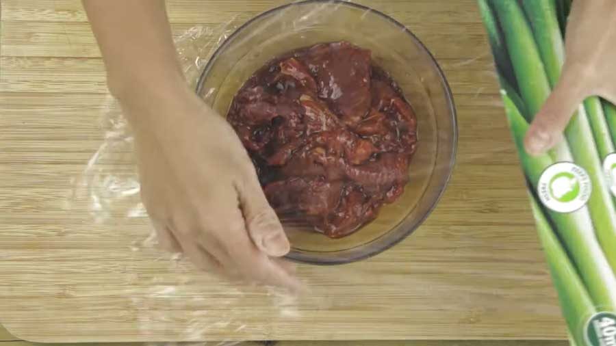 Cover with cling film and marinate for 1–2 hours