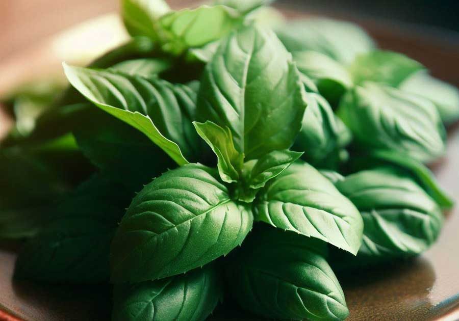 Fresh Thai basil leaves used as a key herb in Thai stir-fries