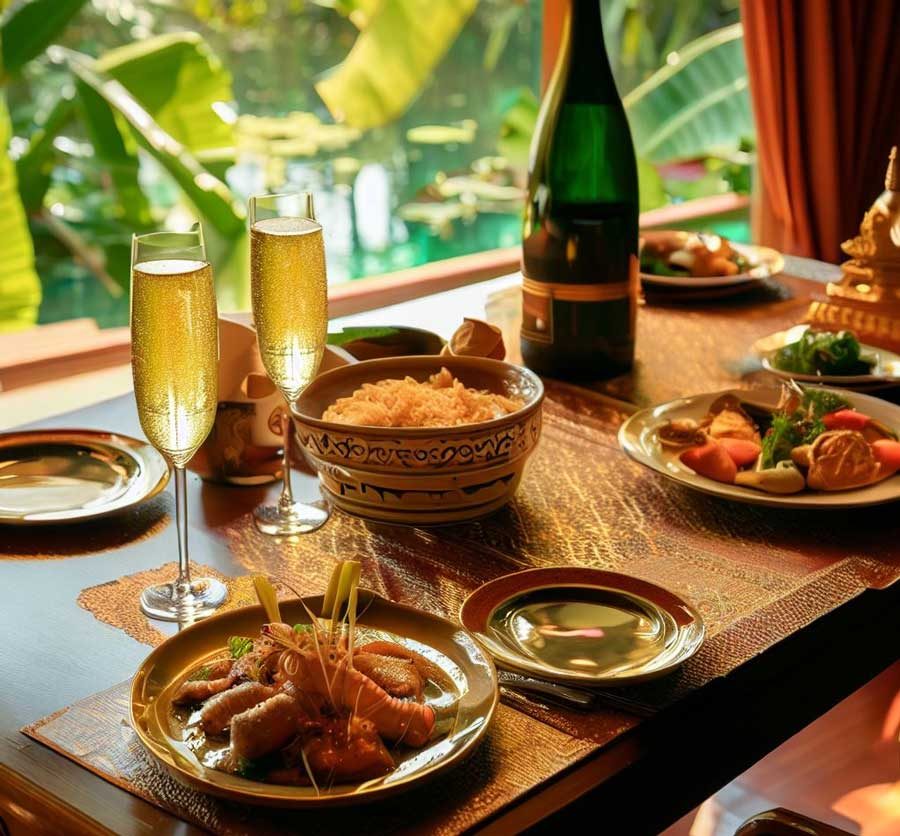Champagne and sparkling wine glasses paired with Thai cuisine for food pairing