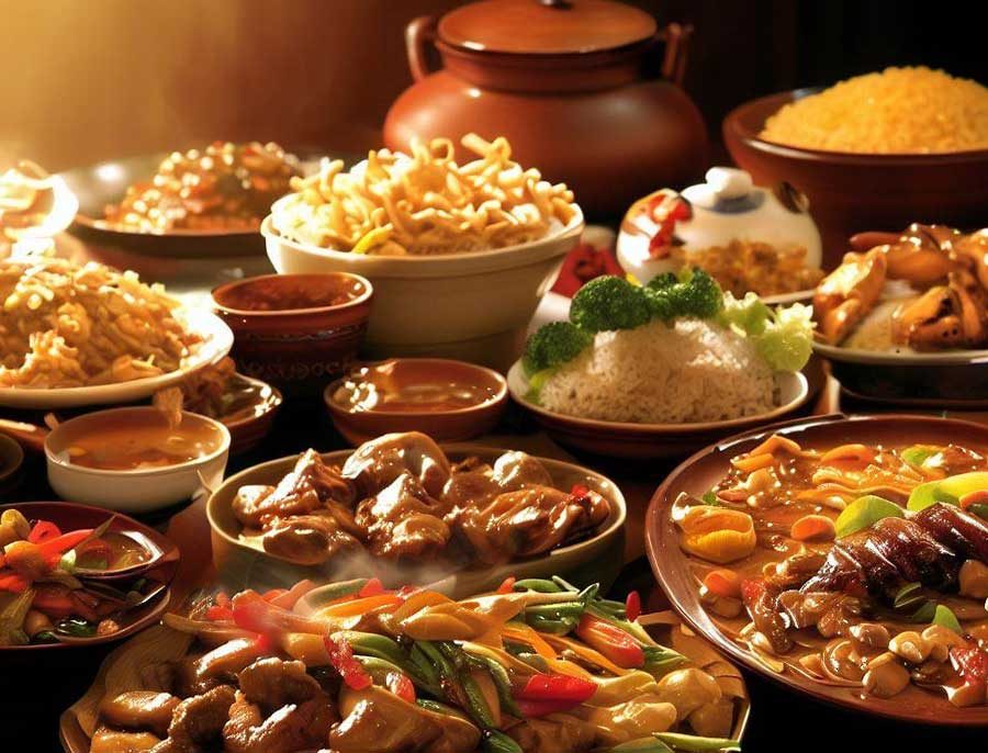 Diverse Chinese cuisine dishes including noodles dumplings and stir-fried regional food