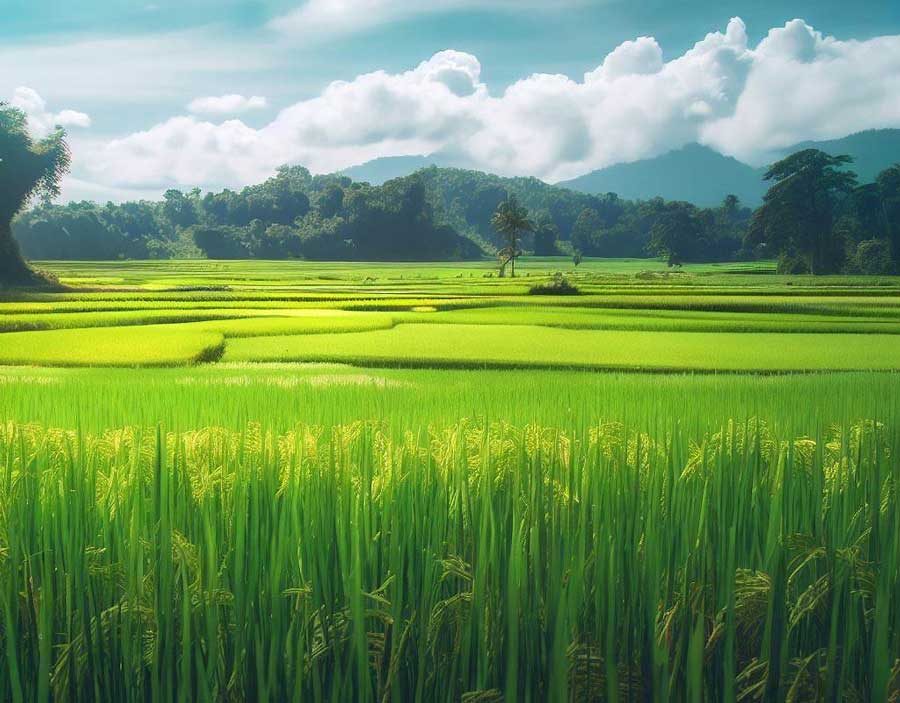 Aerial view of lush Thai rice fields with workers harvesting the crop by hand