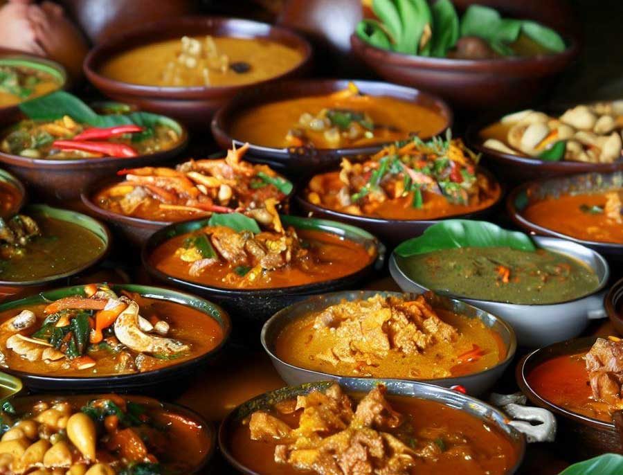 A spread of different coloured Thai curries