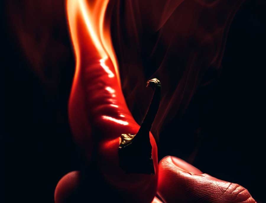 Close up of fresh red Thai bird's eye chillies known for intense spicy heat in cooking