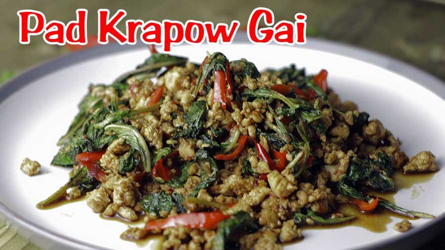 Authentic Thai basil chicken pad krapow gai served with jasmine rice