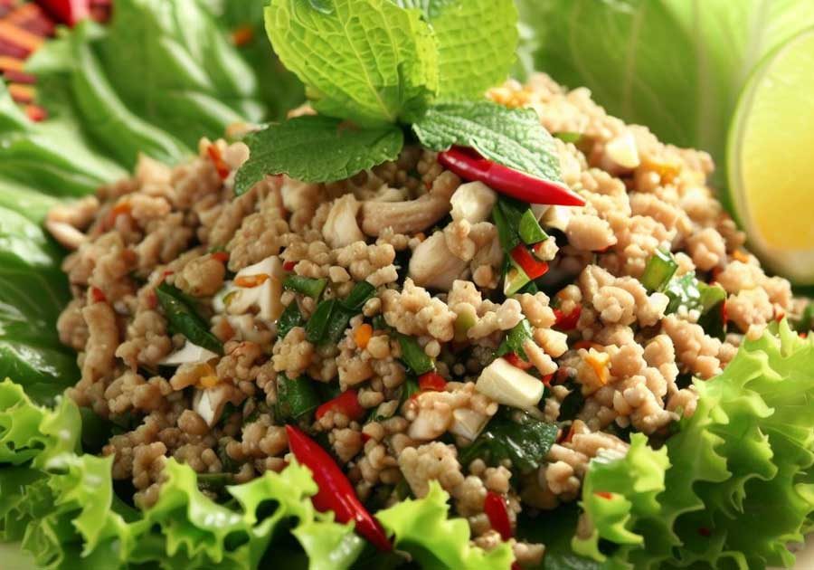 Larb gai, Isaan-style minced chicken salad with herbs