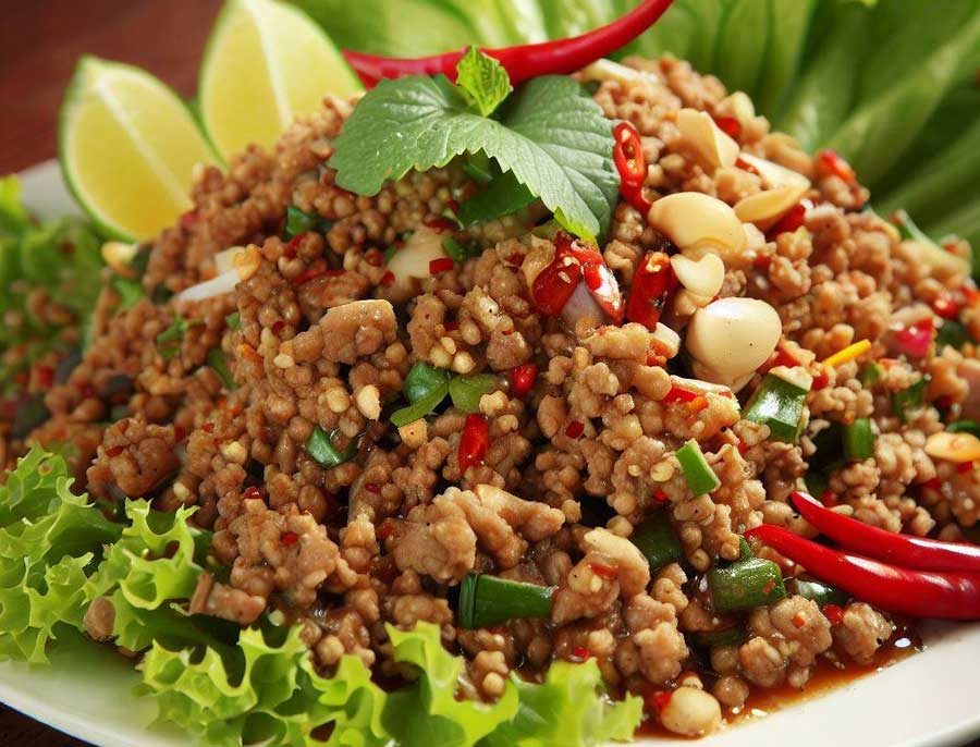 Larb spicy Thai minced meat salad with fresh herbs lime juice and roasted rice powder