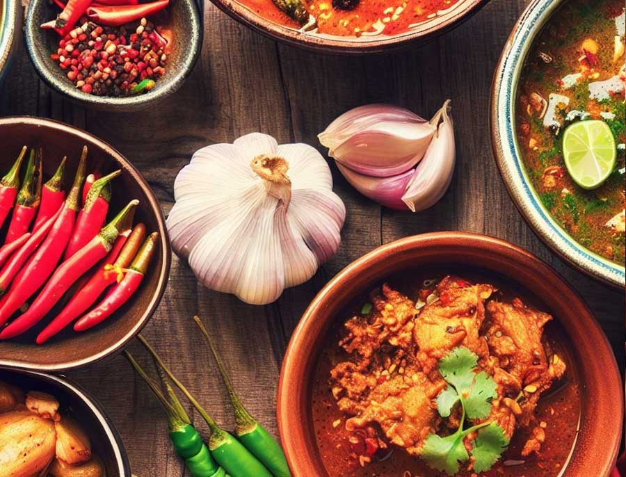 Regional Thai and Indian food dishes showing diverse culinary styles from each cuisine
