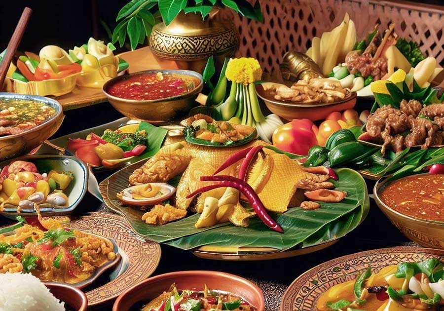 Selection of Central Thai dishes including curries and rice on a table