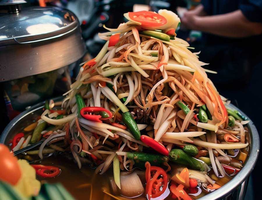 Som tum green papaya salad at an Isaan street food stall