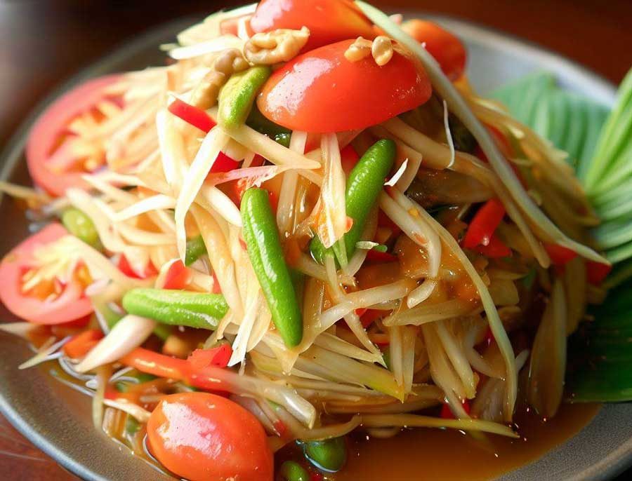 Som tum (green papaya salad) — a low-calorie Thai dish at 80-100 calories per serving