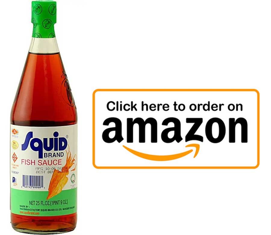 Squid Brand fish sauce bottle with label showing Thai cooking essential ingredient