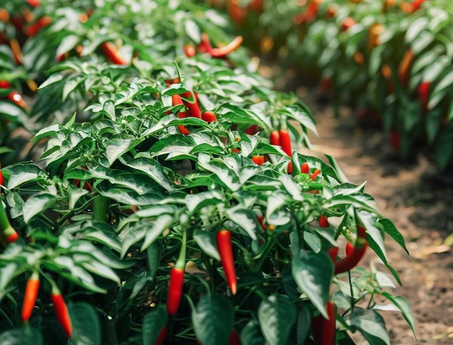 Rows of green Thai chilli plants growing on a farm for authentic spicy cuisine