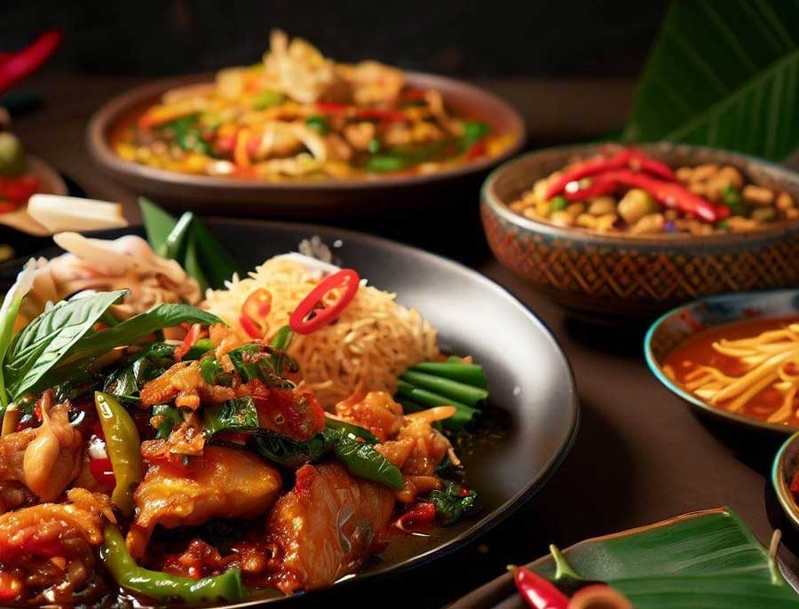 Authentic Thai cuisine with fresh herbs spices coconut milk and colourful ingredients